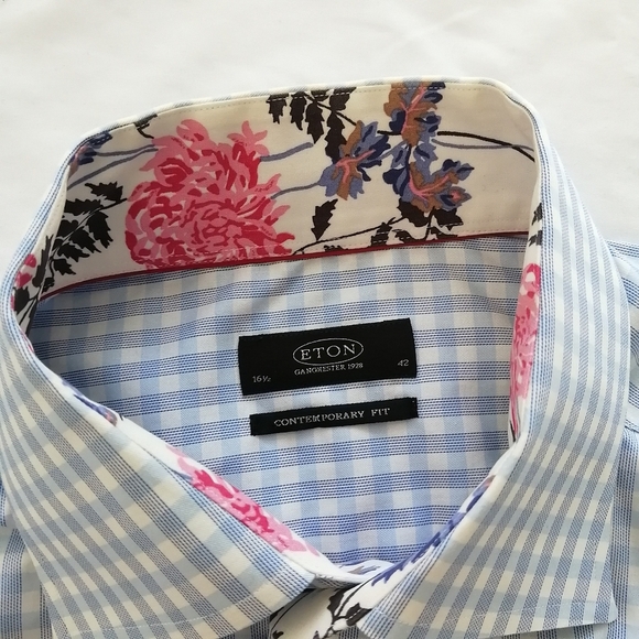 Eton Contemporary Fit Blue White Check Plaid Dress Shirt Floral Trim 16.5 34/35 - Picture 11 of 15